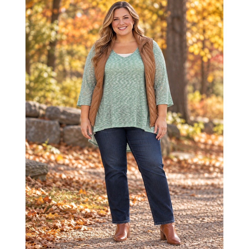 Bobbie Brooks Mint Green White Knit 3/4 Sleeve Top Plus 2x Boho Soft Comfort